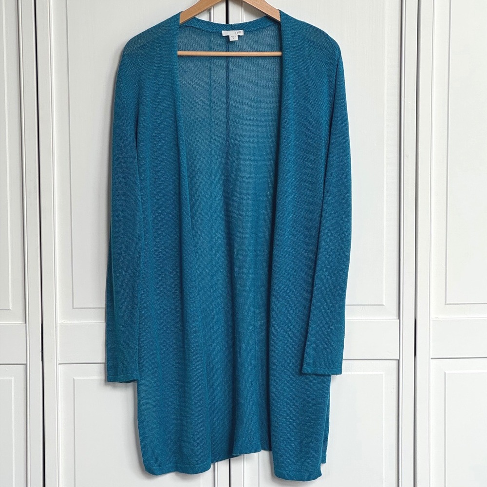 J. Jill Womens Teal Blue Linen Blend Open Front Longline Cardigan Sweater Size M